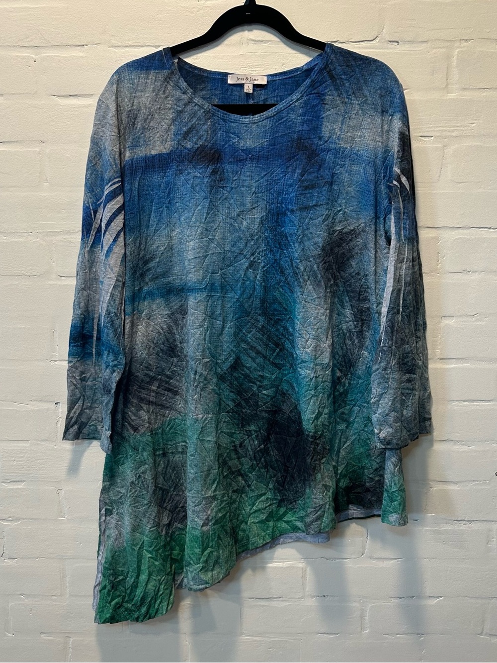 Jess & Jane Abstract Blue Green Watercolor Lagenlook Crinkle Knit Tunic Sz L USA